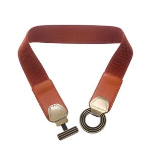 Womens Elastic Belt Brown Faux Leather Gold Tone Buckle Fashion Accent